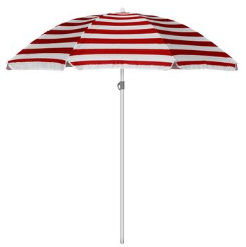 Red striped beach umbrella isolated on white. Clipping path included.