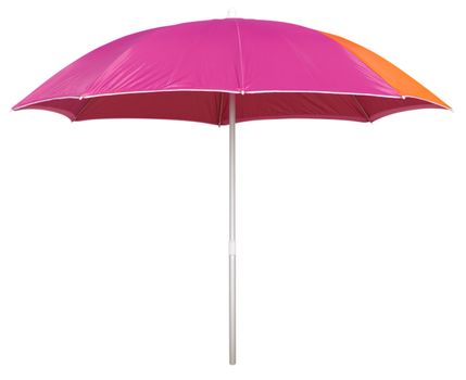 Pink beach umbrella isolated on white. Clipping path included.