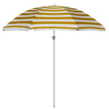 Yellow striped beach umbrella isolated on white. Clipping path included.