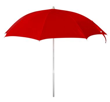 Red beach umbrella isolated on white. Clipping path included.