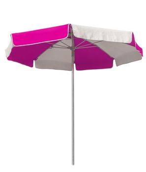 Opened beach umbrella with pink and white stripes isolated on white. Clipping path included.