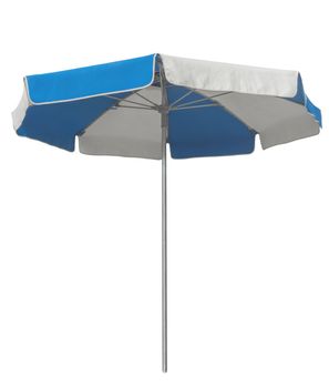 Opened beach umbrella with blue and white stripes isolated on white. Clipping path included.