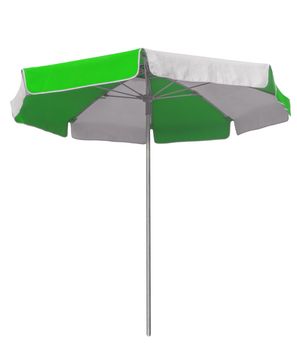 Opened beach umbrella with green and white stripes isolated on white. Clipping path included.