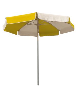 Opened beach umbrella with yellow and white stripes isolated on white. Clipping path included.