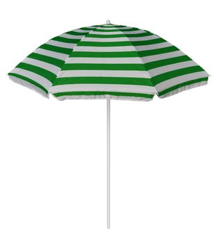 Green striped beach umbrella isolated on white. Clipping path included.