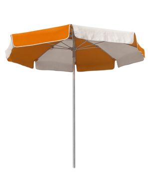 Opened beach umbrella with orange and white stripes isolated on white. Clipping path included.