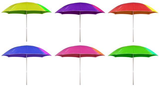 Colorful beach umbrellas isolated on white.