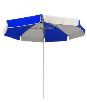 Opened beach umbrella with dark blue and white stripes isolated on white. Clipping path included.