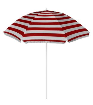 Red striped beach umbrella isolated on white. Clipping path included.