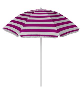 Pink striped beach umbrella isolated on white. Clipping path included.