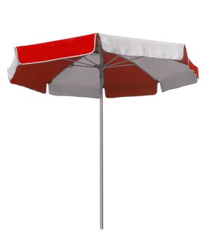 Opened beach umbrella with red and white stripes isolated on white. Clipping path included.