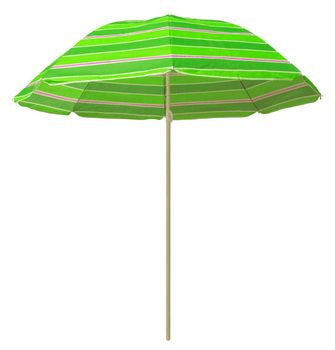 Green striped beach umbrella isolated on white. Clipping path included.