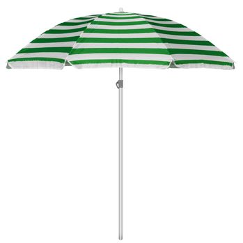 Green striped beach umbrella isolated on white. Clipping path included.