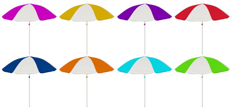 Colorful striped beach umbrellas isolated on white.