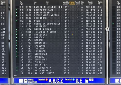 FRANKFURT AM MAIN, GERMANY - JULY 2, 2015: Departures board in international Frankfurt Airport, the busiest airport in Germany. In 2012, Frankfurt handled 57.5 million passengers.

Frankfurt am Main, Germany - July 2, 2015: Departures board in international Frankfurt Airport, the busiest airport in Germany. In 2012, Frankfurt handled 57.5 million passengers.