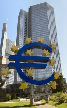 FRANKFURT AM MAIN, GERMANY - JULY 2, 2015: The Euro sign in Frankfurt am Main, Germany.

Frankfurt am Main, Germany - July 2, 2015: The Euro sign in Frankfurt am Main, Germany.
