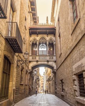 BARCELONA, SPAIN - JULY 6, 2015: Bridge at Carrer del Bisbe in Barri Gotic, Barcelona. Spain.

Barcelona, Spain - July 6, 2015: Bridge at Carrer del Bisbe in Barri Gotic, Barcelona. Spain. People are walking by street.
