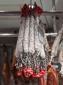 BARCELONA, SPAIN - JULY 6, 2015: Catalan dry sausages called fuet at Mercat de Sant Josep de la Boqueria market in Barcelona, Spain.

Barcelona, Spain - July 6, 2015: Catalan dry sausages called fuet at Mercat de Sant Josep de la Boqueria market in Barcelona, Spain.