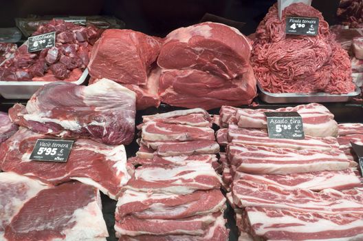 BARCELONA, SPAIN - JULY 6, 2015: Selection of different cuts of fresh meat on display at the Boqueria market in Barcelona.

Barcelona, Spain - July 6, 2015: Selection of different cuts of fresh meat on display at the Boqueria market in Barcelona.