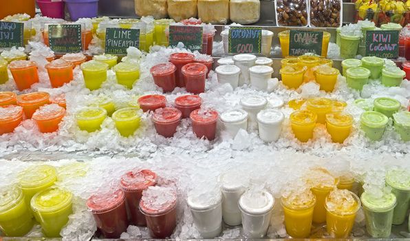 Fresh fruit juices at the market in Barcelona.