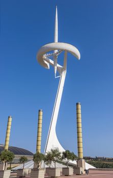 BARCELONA, SPAIN - JULY 6, 2015: Torre De Calatrava in Olimpic Park in Barcelona. Torre De Calatrava also known as Torre Telefonica is a telecommunication tower in the Montjuic.

Barcelona, Spain - July 6, 2015: Torre De Calatrava in Barcelona. Torre De Calatrava also known as Torre Telefonica is a telecommunication tower in the Montjuic.