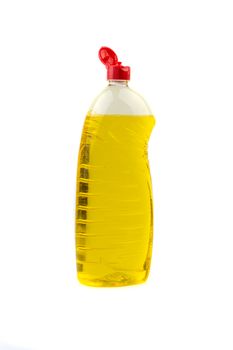 Dishwashing liquid detergent or soap in plastic bottle isolated on white background. Selective focus and copy space concept