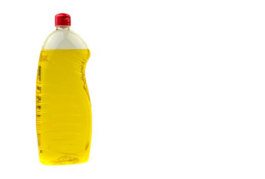 Dishwashing liquid detergent or soap in plastic bottle isolated on white background. Selective focus and copy space concept