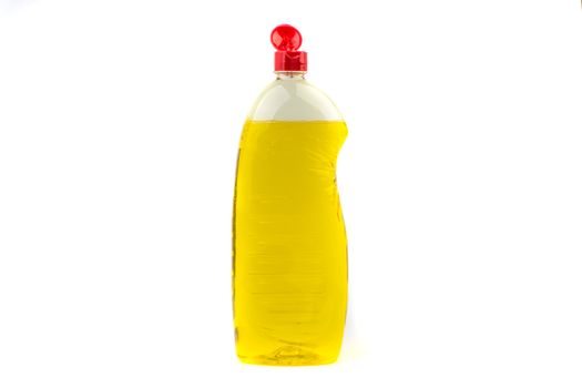 Dishwashing liquid detergent or soap in plastic bottle isolated on white background. Selective focus and copy space concept