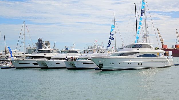 KAOHSIUNG, TAIWAN -- MAY 11, 2014: Luxurious yachts and pleasure boats are on display during the 2014 Taiwan International Boat Show.