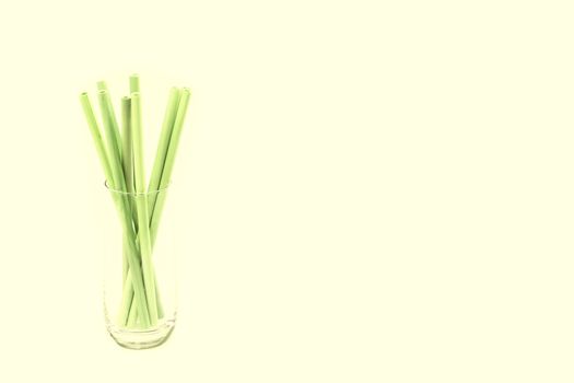 Eco-friendly Bamboo drinking straws against light green background and large copy space (no to plastic concept)