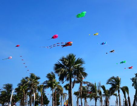 KAOHSIUNG, TAIWAN -- AUGUST 13 , 2017: Colorful kites are flying high as part of the yearly Black Sand Beach Festival on Cijin Island.
