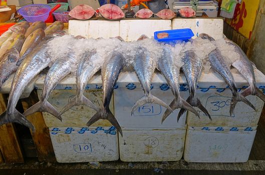 KAOHSIUNG, TAIWAN -- MARCH 14, 2014: A stall at the Zi Guan fish market sells large Indo-Pacific King Mackerels, the fish steaks of which are a popular food in Taiwan.