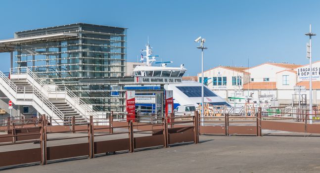 Port Joinville, France - September 18, 2018: view of the ferry terminal of the island of Yeu which makes the transport
  goods and people between the island and the continent