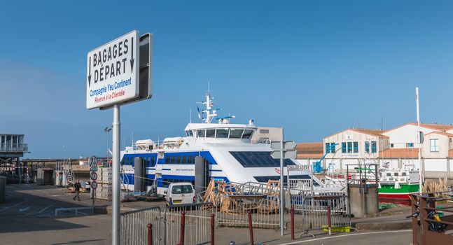 Port Joinville, France - September 18, 2018: view of the ferry terminal of the island of Yeu which makes the transport
  goods and people between the island and the continent