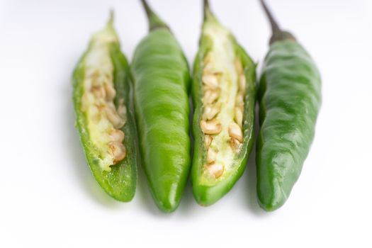 Green BirdÕs eye chili,Thai Chili pepper ,bird chili pepper nature isolate on white background. Selective focus and crop fragment