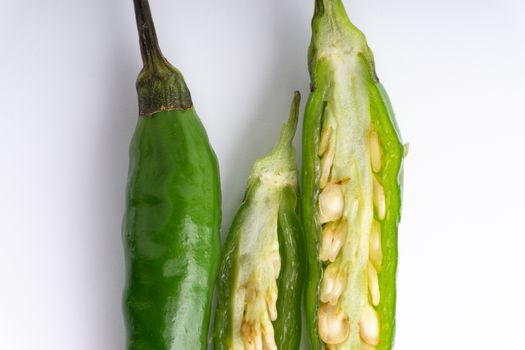 Green BirdÕs eye chili,Thai Chili pepper ,bird chili pepper nature isolate on white background. Selective focus and crop fragment