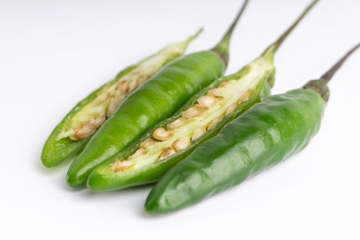 Green BirdÕs eye chili,Thai Chili pepper ,bird chili pepper nature isolate on white background. Selective focus and crop fragment