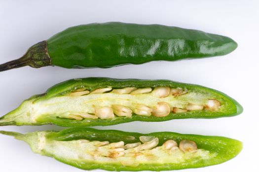 Green BirdÕs eye chili,Thai Chili pepper ,bird chili pepper nature isolate on white background. Selective focus and crop fragment