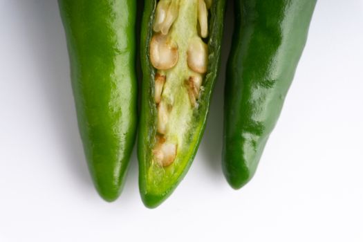 Green BirdÕs eye chili,Thai Chili pepper ,bird chili pepper nature isolate on white background. Selective focus and crop fragment