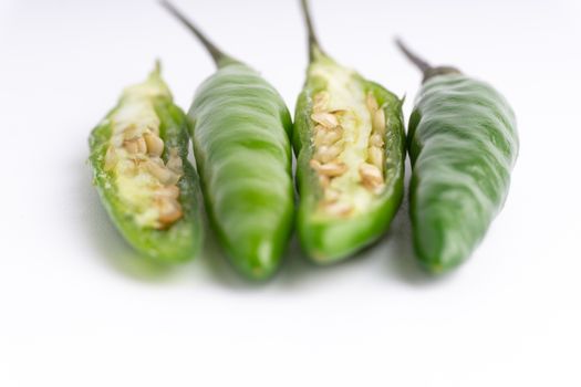 Green BirdÕs eye chili,Thai Chili pepper ,bird chili pepper nature isolate on white background. Selective focus and crop fragment