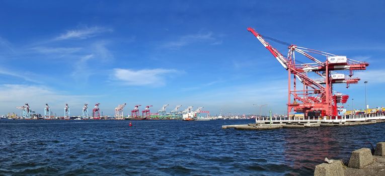 KAOHSIUNG, TAIWAN -- MAY 26, 2018: A panoramic view of the Kaohsiung container port, a major trading hub for Taiwan.
