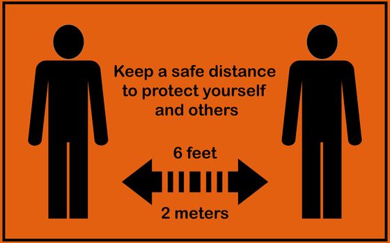 Social distance sign board with two persons , arrows, text with 6 feet and 2 meters. Orange background