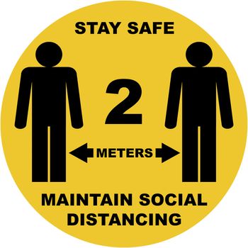 Social distance sign board with two persons, arrows, text with distances in feet and meters