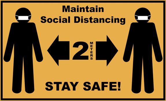 Social distance sign board with two silhouettes of men wearing masks and text asking to maintain 2 meters of social distancing