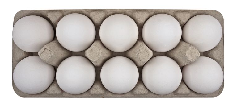 Carton box of eggs isolated on white background. Clipping path included.