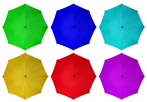 Colorful umbrellas isolated on white background.