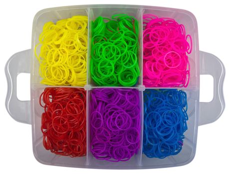 Box with colorful rubber isolated on white. Clipping path included.