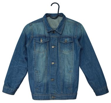 Denim jacket on a hanger. Isolated on white. Clipping path included.