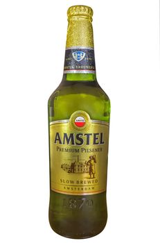 ALMATY, KAZAKHSTAN - JULY 20, 2015: Bottle of Amstel Premium Pilsener isolated on white. Amstel Premium Pilsener is an internationally known brand of beer produced by Heineken International in Zoeterwoude, Netherlands.

Almaty, Kazakhstan - July 20, 2015: Bottle of Amstel Premium Pilsener isolated on white. Amstel Premium Pilsener is an internationally known brand of beer produced by Heineken International in Zoeterwoude, Netherlands.