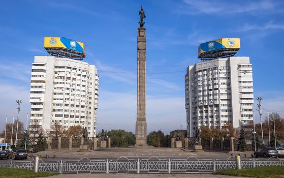 ALMATY, KAZAKHSTAN - OCTOBER 21, 2015: The Republic Square and Monument of Independence of Kazakhstan. Monument was inaugurated on Republic Square December 16, 1996.

Almaty, Kazakhstan - October 21, 2015: The Republic Square and Monument of Independence of Kazakhstan. Almaty is the largest city in Kazakhstan, and was the country's capital until 1997. Monument was inaugurated on Republic Square December 16, 1996.